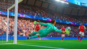 Illustration de Gianluigi Donnarumma réalisant un arrêt spectaculaire lors du match PSG-Arsenal. Image réalisée par IA.