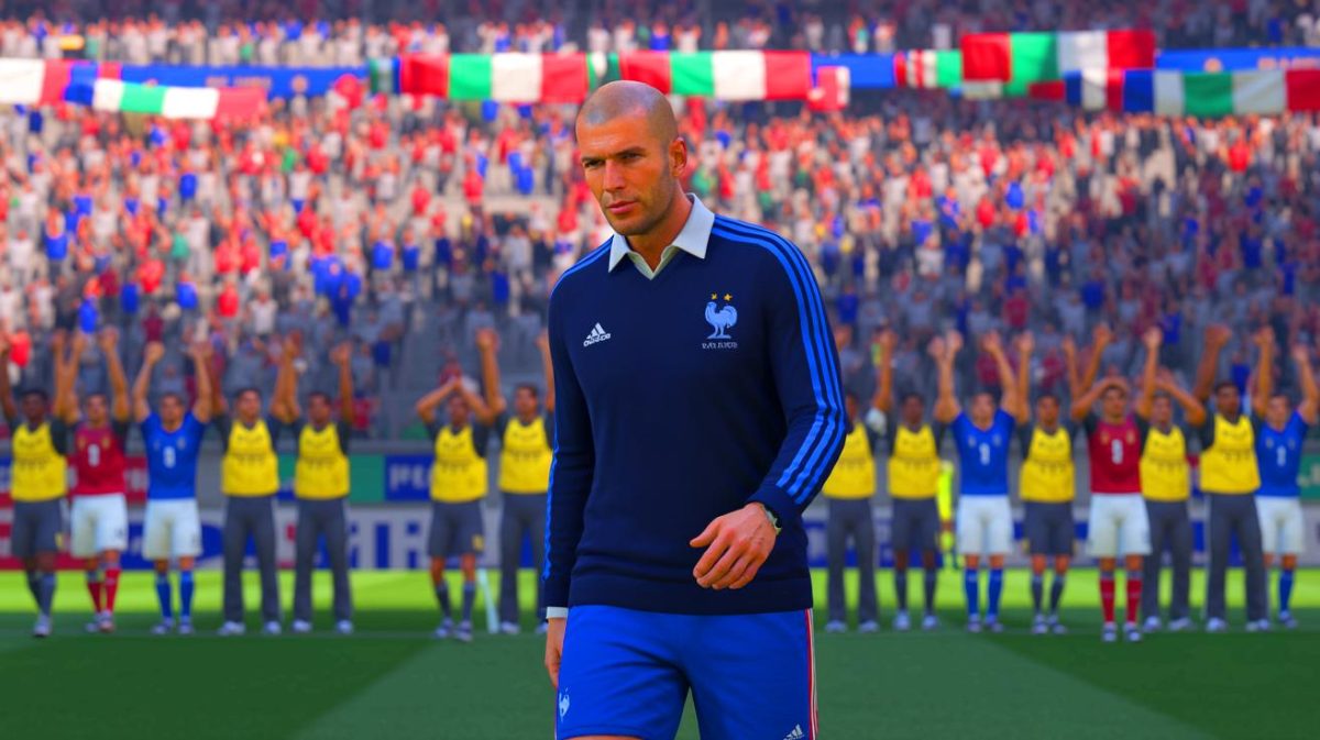 Illustration de Zinedine Zidane lors de sa dernière apparition sur le terrain lors de la finale de la Coupe du monde 2006 (création par IA, non réaliste). Crédit : Ideogram