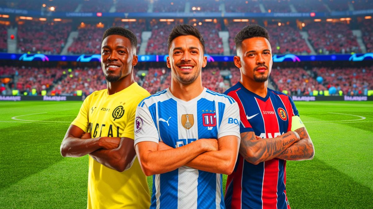 Illustration de Ousmane Dembélé, Lautaro Martinez et Lamine Yamal en course pour le Ballon d'Or 2025. Image réalisée par IA.