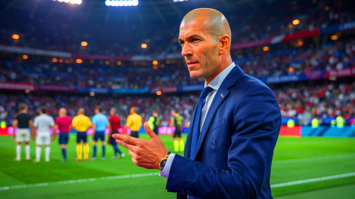 Illustration de Zinédine Zidane célébrant un succès en tant qu'entraîneur du Real Madrid. Image réalisée par IA.