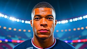 Illustration de Kylian Mbappé réalisant une performance exceptionnelle au Real Madrid (création par IA, non réaliste). Crédit : Ideogram