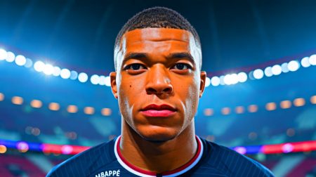 Illustration de Kylian Mbappé réalisant une performance exceptionnelle au Real Madrid (création par IA, non réaliste). Crédit : Ideogram