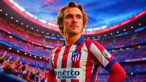 Illustration de l'engagement d'Antoine Griezmann avec l'Atlético de Madrid jusqu'en 2027. Image réalisée par IA.