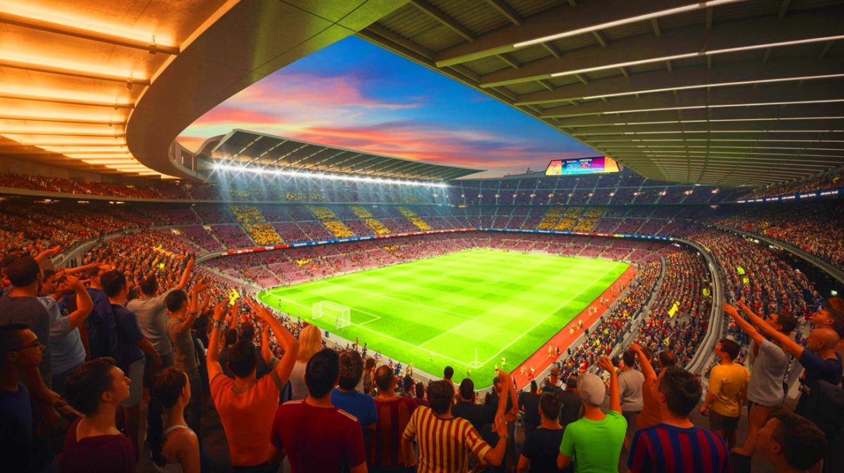 Illustration de la rénovation du Camp Nou avec sa passerelle unique et sa capacité augmentée. Image réalisée par IA.