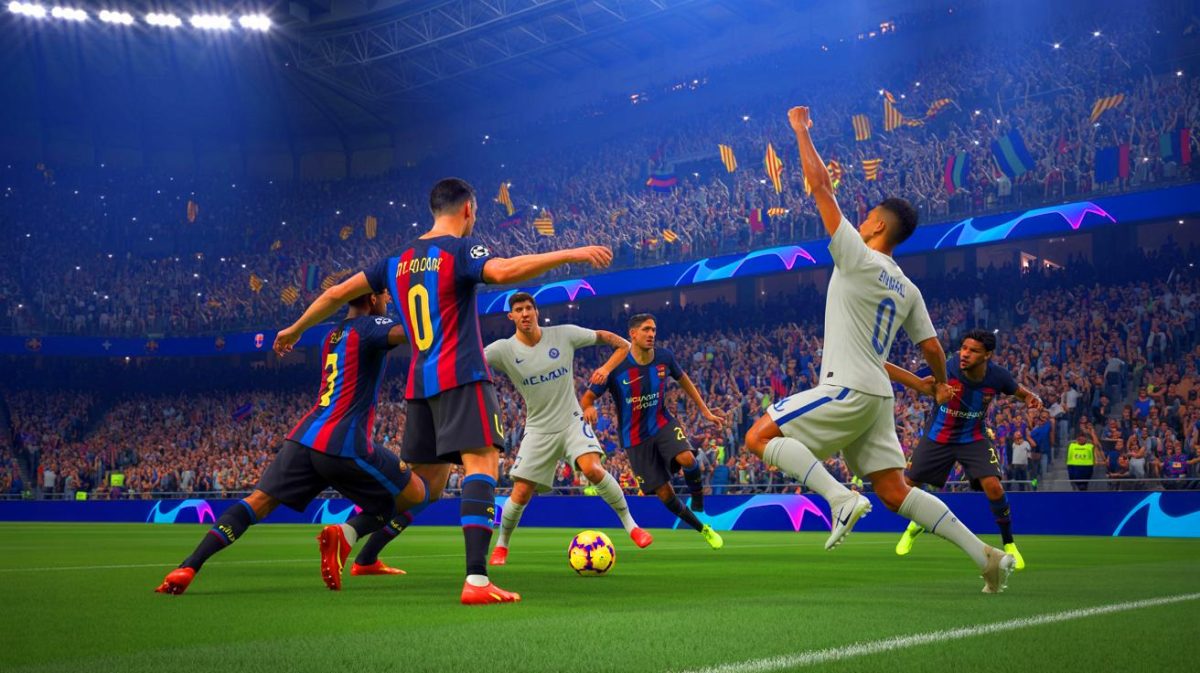 Illustration de la demi-finale entre le FC Barcelone et l'Inter Milan en Ligue des Champions (création par IA, illustration non réaliste). Crédit : Ideogram.