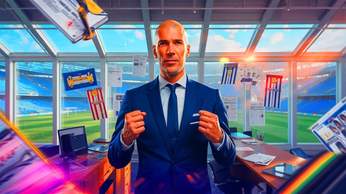 Illustration de Zinedine Zidane en tant qu'entrepreneur dans le domaine sportif et immobilier (création par IA, illustration non réaliste). Crédit : Ideogram.