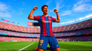 Illustration de Lamine Yamal célébrant son contrat prolongé avec le FC Barcelone. Image réalisée par IA.