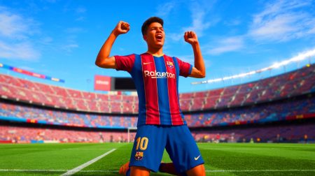 Illustration de Lamine Yamal célébrant son contrat prolongé avec le FC Barcelone. Image réalisée par IA.