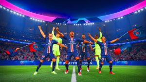 Illustration de l'entraîneur Luis Enrique célébrant une victoire du PSG en Ligue des Champions (création par IA, non réaliste). Crédit : Ideogram