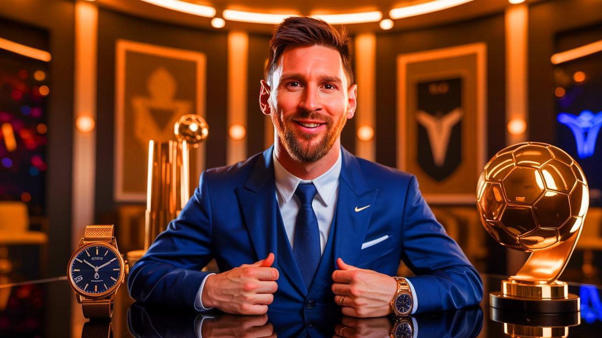 Illustration de Lionel Messi atteignant le statut de milliardaire grâce à ses succès sportifs et investissements avisés (création par IA, illustration non réaliste). Crédit : Ideogram.