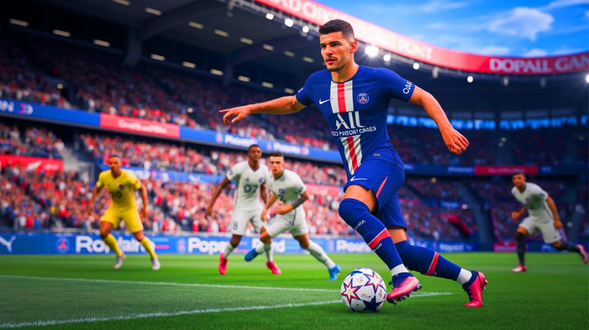 Illustration de Lucas Hernandez évoluant au Paris Saint-Germain. Image réalisée par IA.