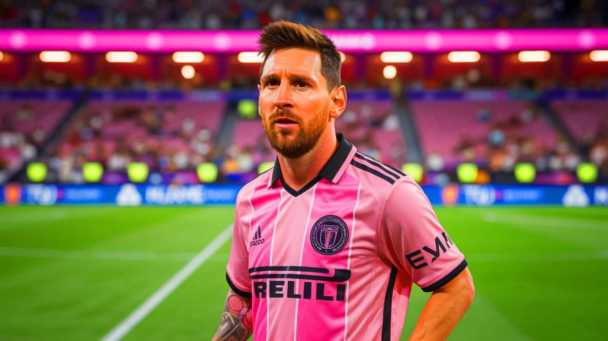 Illustration de Lionel Messi portant le maillot de l'Inter Miami sur un terrain de football. Image réalisée par IA.