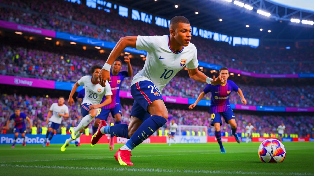 Illustration de Kylian Mbappé affrontant le FC Barcelone lors de la finale de la Coupe du Roi (création par IA, illustration non réaliste). Crédit : Ideogram.