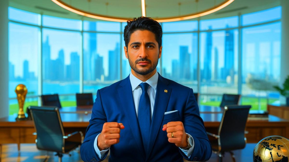 Illustration de Nasser Al Khelaïfi envisageant la présidence de la FIFA. Image réalisée par IA.