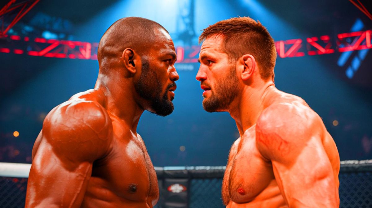 Illustration de Jon Jones et Tom Aspinall se préparant pour un potentiel combat légendaire (création par IA, illustration non réaliste). Crédit : Ideogram.