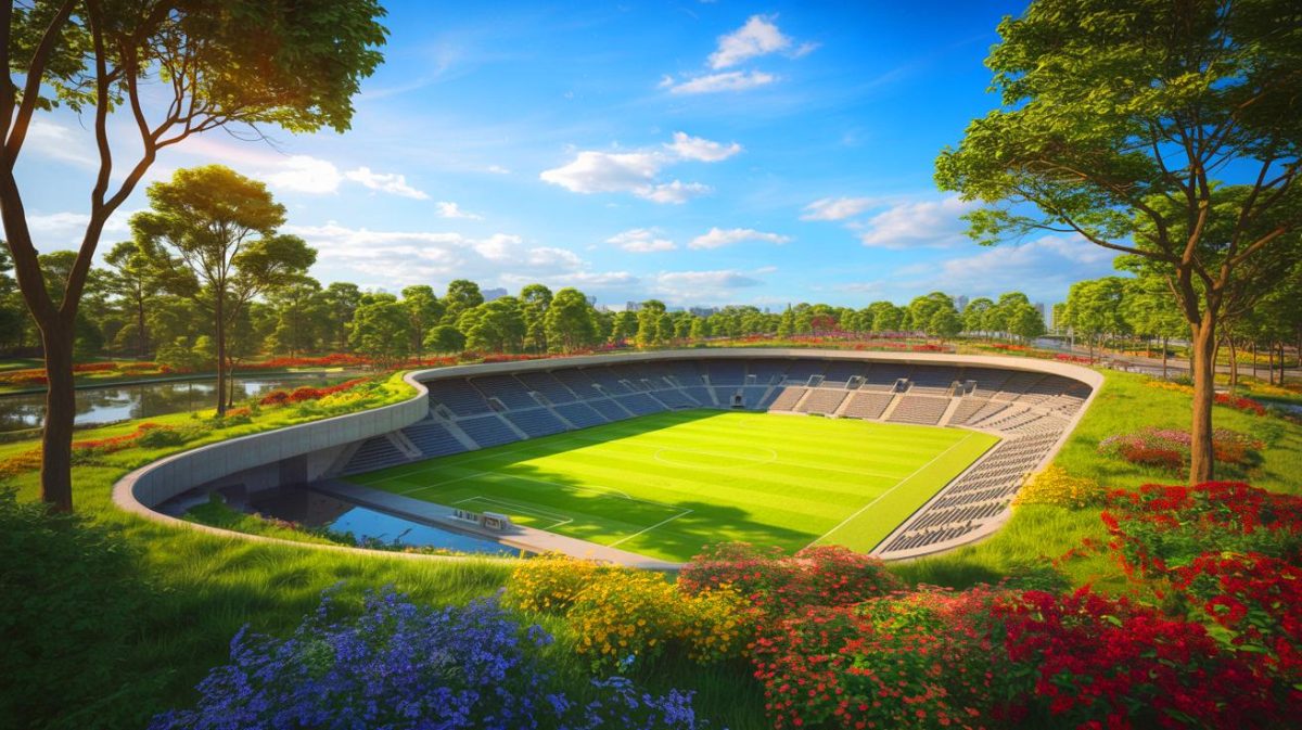 Illustration de la vision futuriste d'un stade souterrain intégré à un parc urbain (création par IA, non réaliste). Crédit : Ideogram