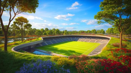 Illustration de la vision futuriste d'un stade souterrain intégré à un parc urbain (création par IA, non réaliste). Crédit : Ideogram