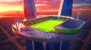 Illustration de l'ambitieux projet du stade NEOM perché sur le gratte-ciel LINE pour la Coupe du Monde 2034. Image réalisée par IA.