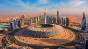 Illustration de la vision futuriste de l'Arabie Saoudite pour la Coupe du Monde 2034 avec des stades innovants. Image réalisée par IA.