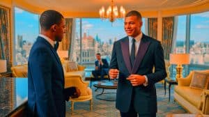 Illustration de Kylian Mbappé utilisant un service de conciergerie de luxe. Image réalisée par IA.