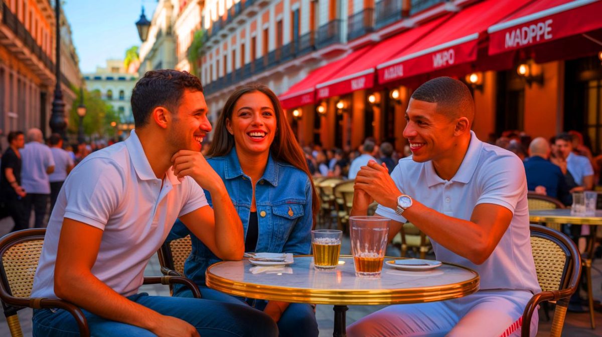 Illustration de la rencontre entre Achraf Hakimi, Hiba Abouk et Kylian Mbappé à Madrid. Image réalisée par IA.