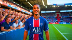 Illustration de Ronaldinho célébrant ses 45 ans et son impact sur la Ligue 1. Image réalisée par IA.