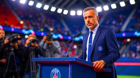 Illustration de Luis Enrique lors d'une conférence de presse au PSG (création par IA, illustration non réaliste). Crédit : Ideogram.
