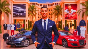 Illustration de Cristiano Ronaldo discutant de ses investissements et de sa carrière diversifiée (création par IA, illustration non réaliste). Crédit : Ideogram.
