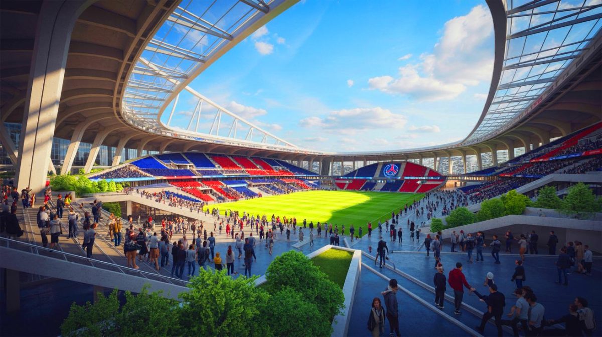 Illustration de la recherche par le PSG d'un nouveau site pour son futur stade en Île-de-France (création par IA, non réaliste). Crédit : Ideogram