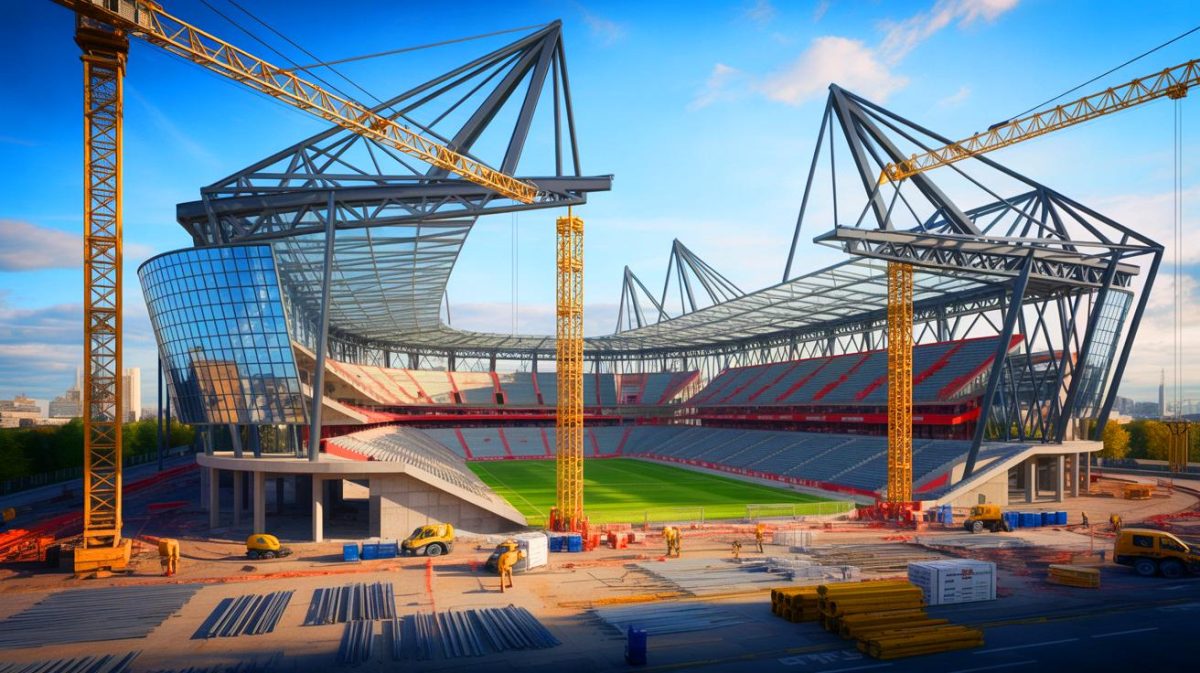 Illustration de la construction d'un nouveau stade pour le PSG à Poissy ou Massy (création par IA, non réaliste). Crédit : Ideogram