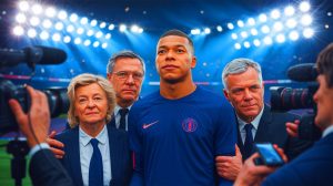 Illustration de Kylian Mbappé et sa famille sous les feux des projecteurs médiatiques. Image réalisée par IA.