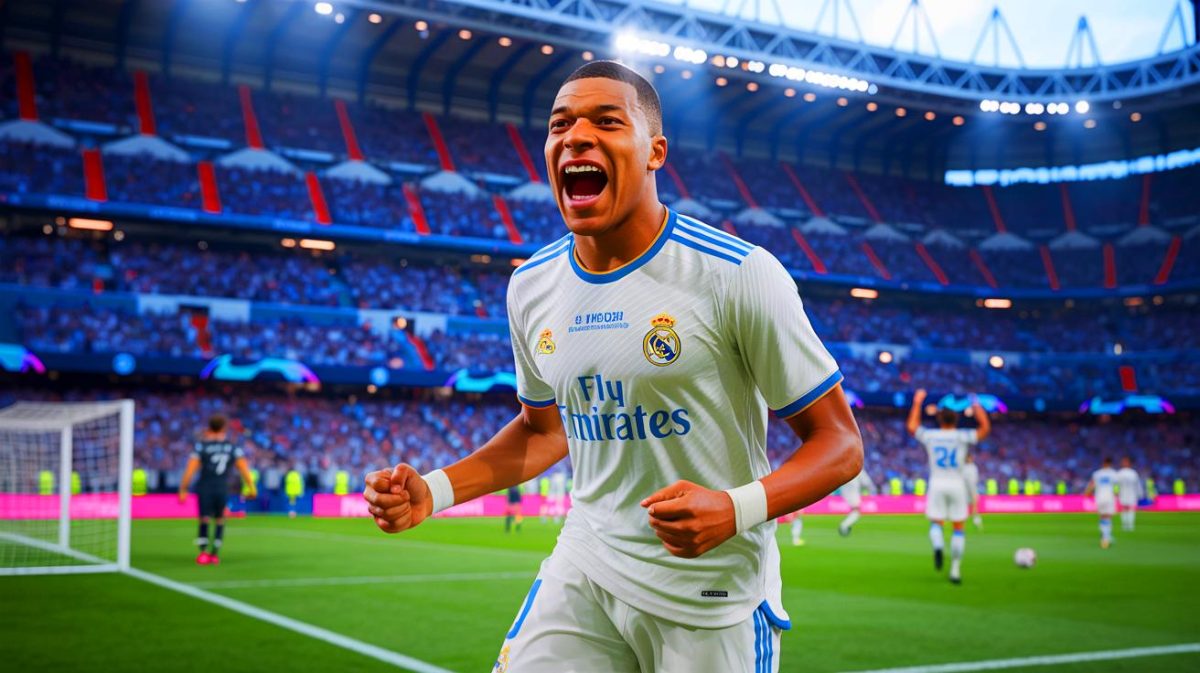 Illustration de Kylian Mbappé célébrant un but pour le Real Madrid après avoir battu un record historique. Image réalisée par IA.