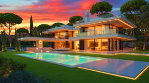 Illustration de la villa somptueuse de Jules Koundé près du Camp Nou à Barcelone (création par IA, illustration non réaliste). Crédit : Ideogram.