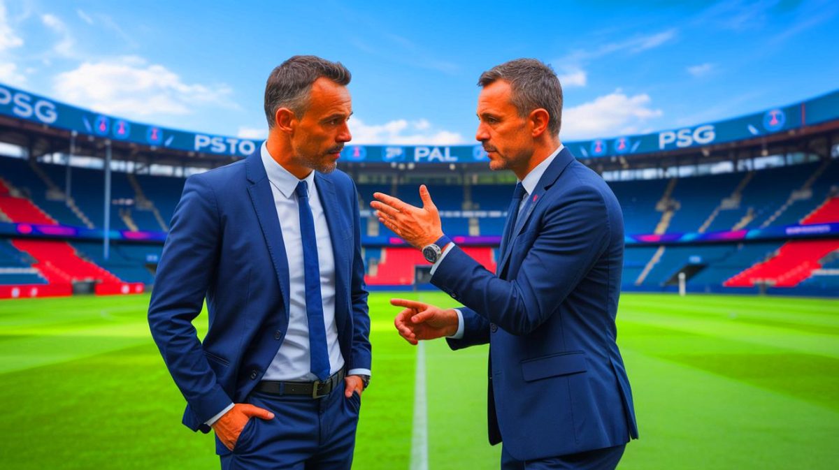 Illustration de Luis Enrique et Rafel Pol au cœur du projet du PSG. Image réalisée par IA.
