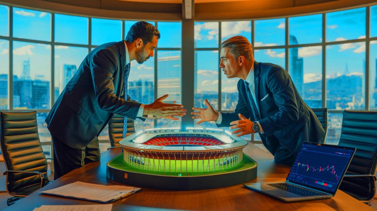 Illustration de Mourad Boudjellal et Mohamed Ayachi Ajroudi discutant du projet de rachat de l'Olympique de Marseille (création par IA, non réaliste). Crédit : Ideogram