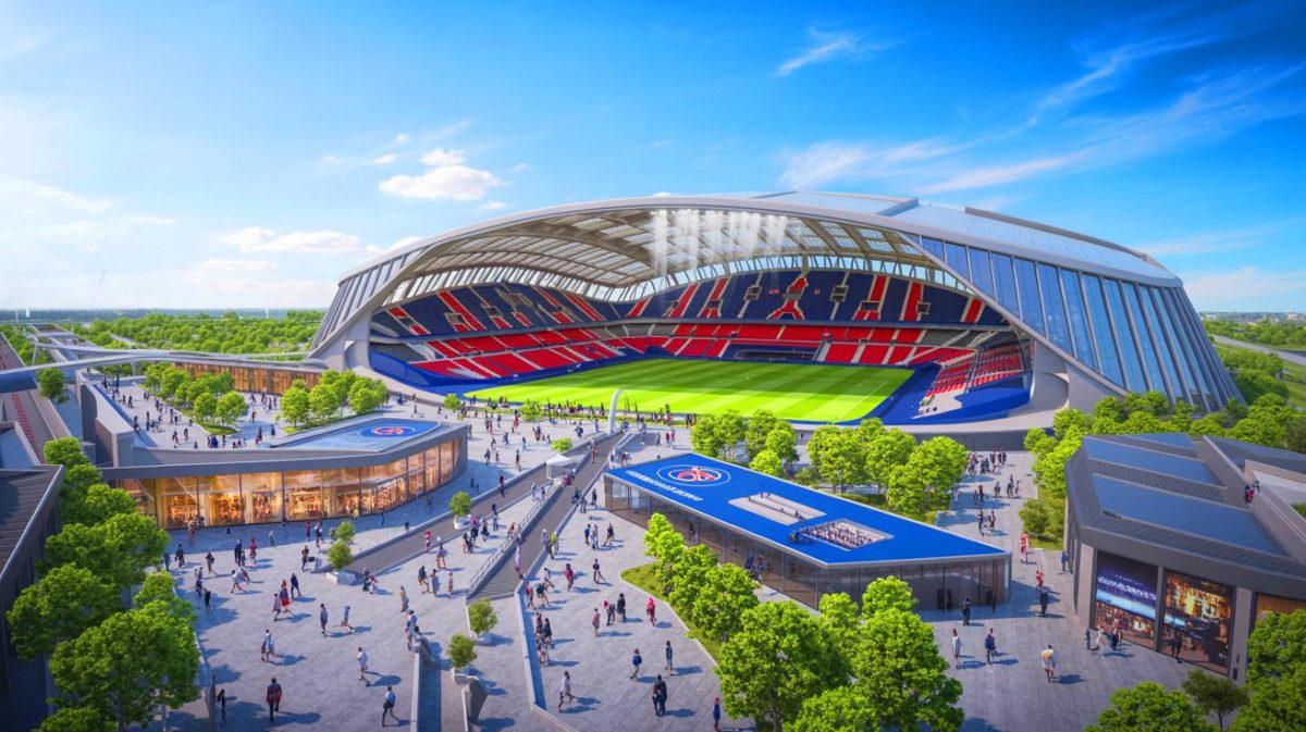 Illustration de la vision futuriste du nouveau stade du PSG avec ses installations modernes (création par IA, non réaliste). Crédit : Ideogram