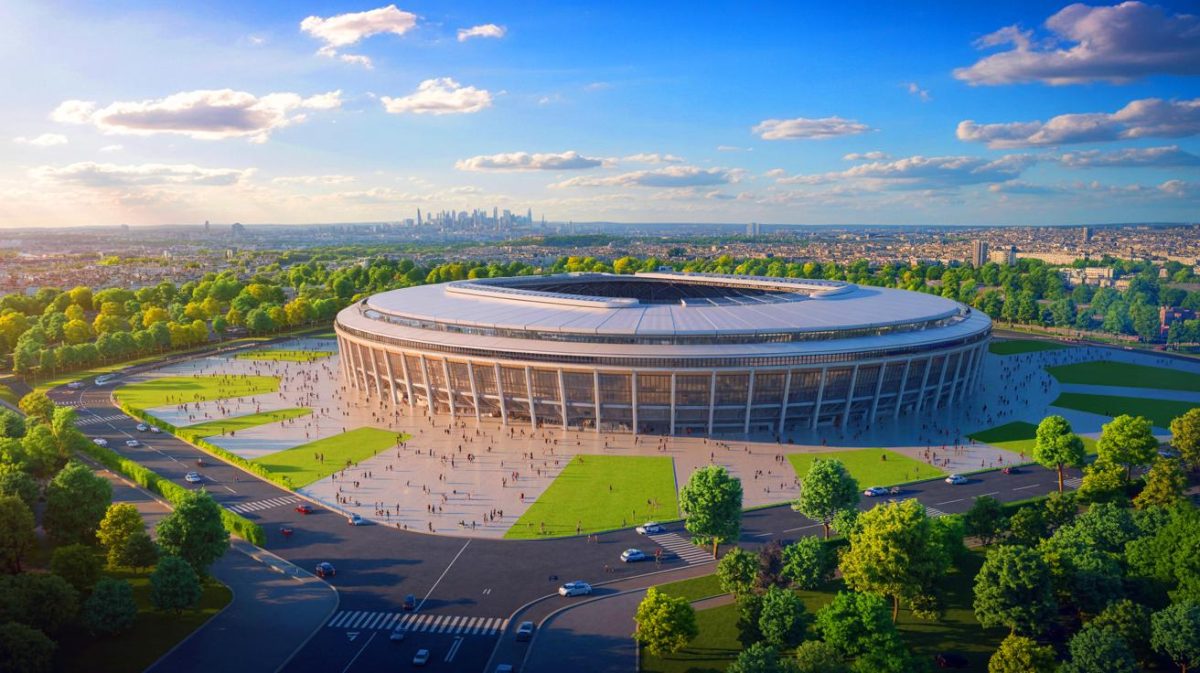 Illustration de la vision futuriste du nouveau stade du PSG à Massy, symbolisant un tournant historique pour le club (création par IA, illustration non réaliste). Crédit : Ideogram.
