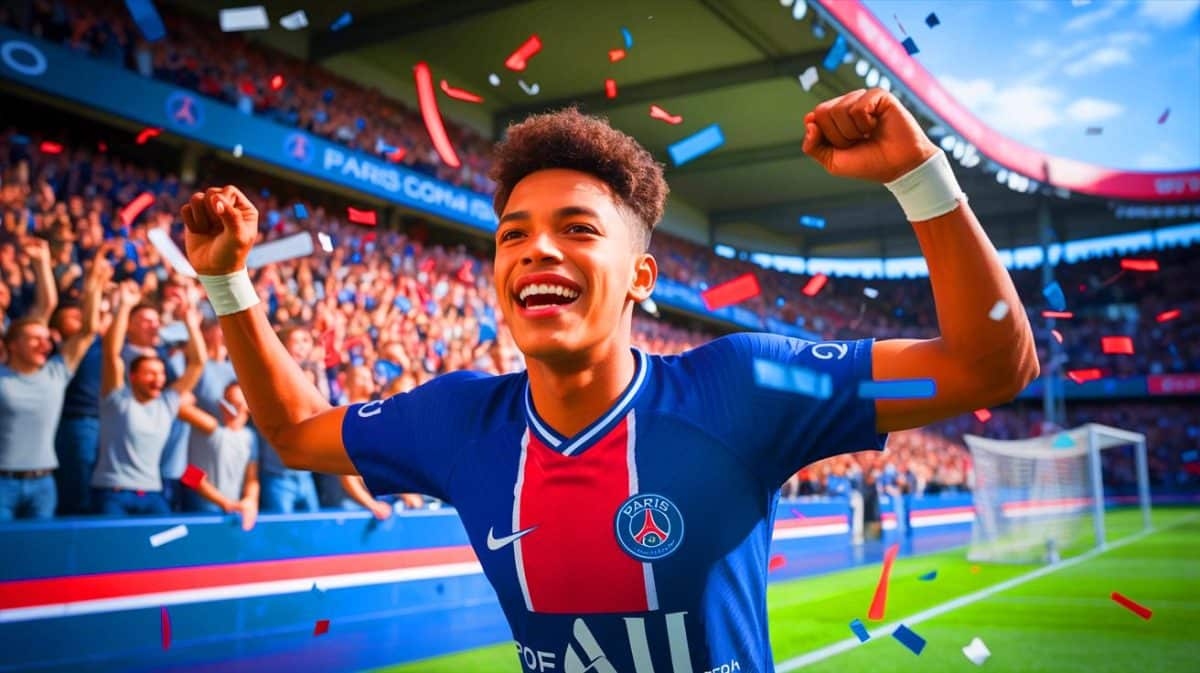 Illustration de Désiré Doué célébrant un but sous les couleurs du PSG. Image réalisée par IA.