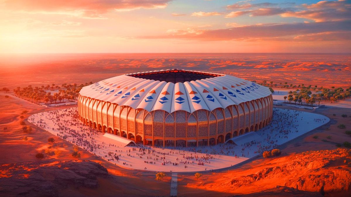 « Un stade comme vous n’en avez jamais vu » : le Maroc dévoile un projet monumental en forme de tente géante Illustration du Grand Stade Hassan II de Casablanca avec son toit en forme de tente inspiré des moussem marocains. Image réalisée par IA.