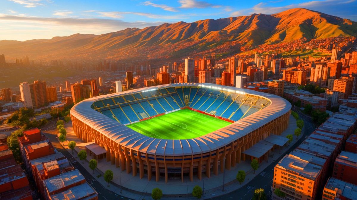 Illustration de l'Estadio Hernando Siles situé à 3 637 mètres d'altitude. Image réalisée par IA.