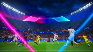 Illustration de la confrontation historique entre le Paris Saint-Germain et l'Inter Milan en finale de la Ligue des champions (création par IA, non réaliste).