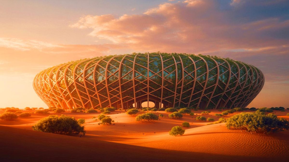 Illustration de la conception futuriste du stade King Salman à Riyad (création par IA, non réaliste). Crédit : Ideogram