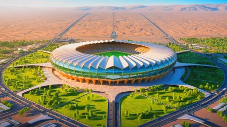 Illustration de l'architecture futuriste du King Salman Stadium en Arabie Saoudite. Image réalisée par IA.