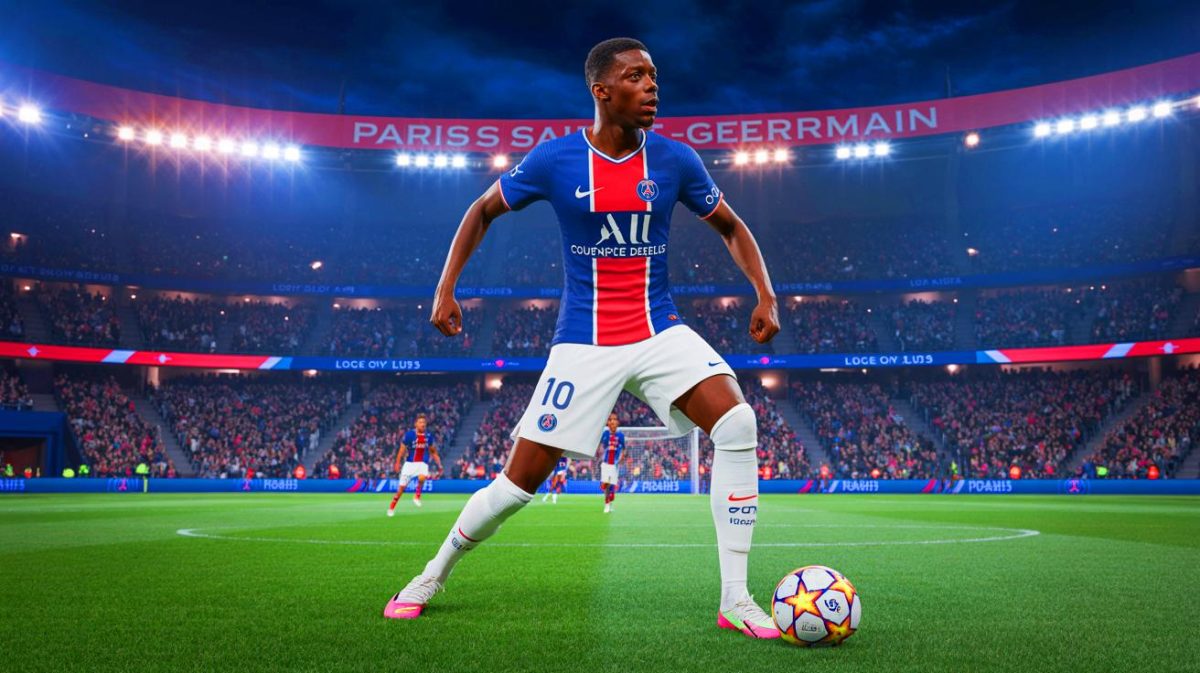 Illustration de Ousmane Dembélé, joueur le mieux payé de la Ligue 1, au PSG. Image réalisée par IA.