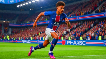 Illustration de Bradley Barcola évoluant sur le flanc gauche de l'attaque du PSG. Image réalisée par IA.