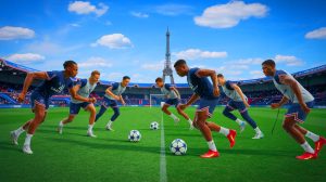 Illustration de joueurs du PSG s'entraînant intensivement malgré un jour de repos (création par IA, non réaliste). Crédit : Ideogram