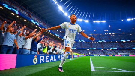 Illustration de Kylian Mbappé en tenue du Real Madrid célébrant un but (création par IA, non réaliste). Crédit : Ideogram
