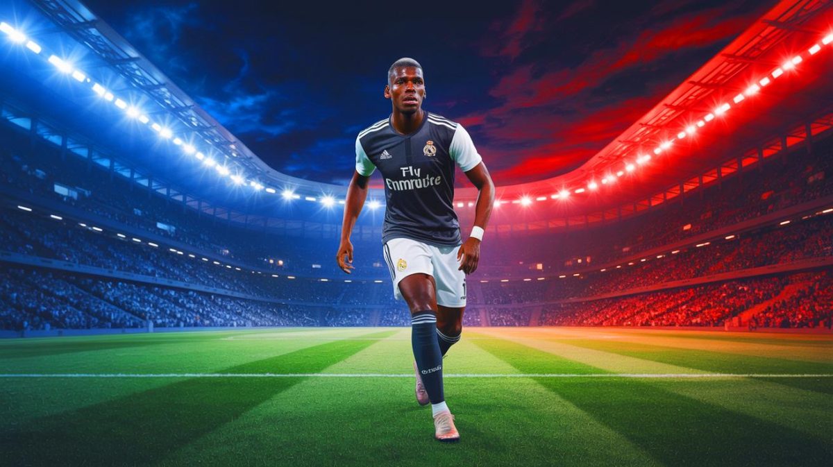 Illustration de Paul Pogba au centre des convoitises des clubs pour le mercato hivernal. Image réalisée par IA.