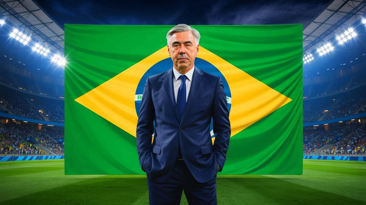Illustration de Carlo Ancelotti en tant que futur sélectionneur de l'équipe nationale brésilienne. Image réalisée par IA.