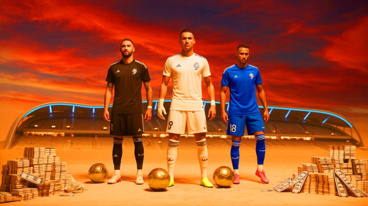 Illustration de l'afflux de stars du football vers l'Arabie saoudite pour des salaires exorbitants. Image réalisée par IA.